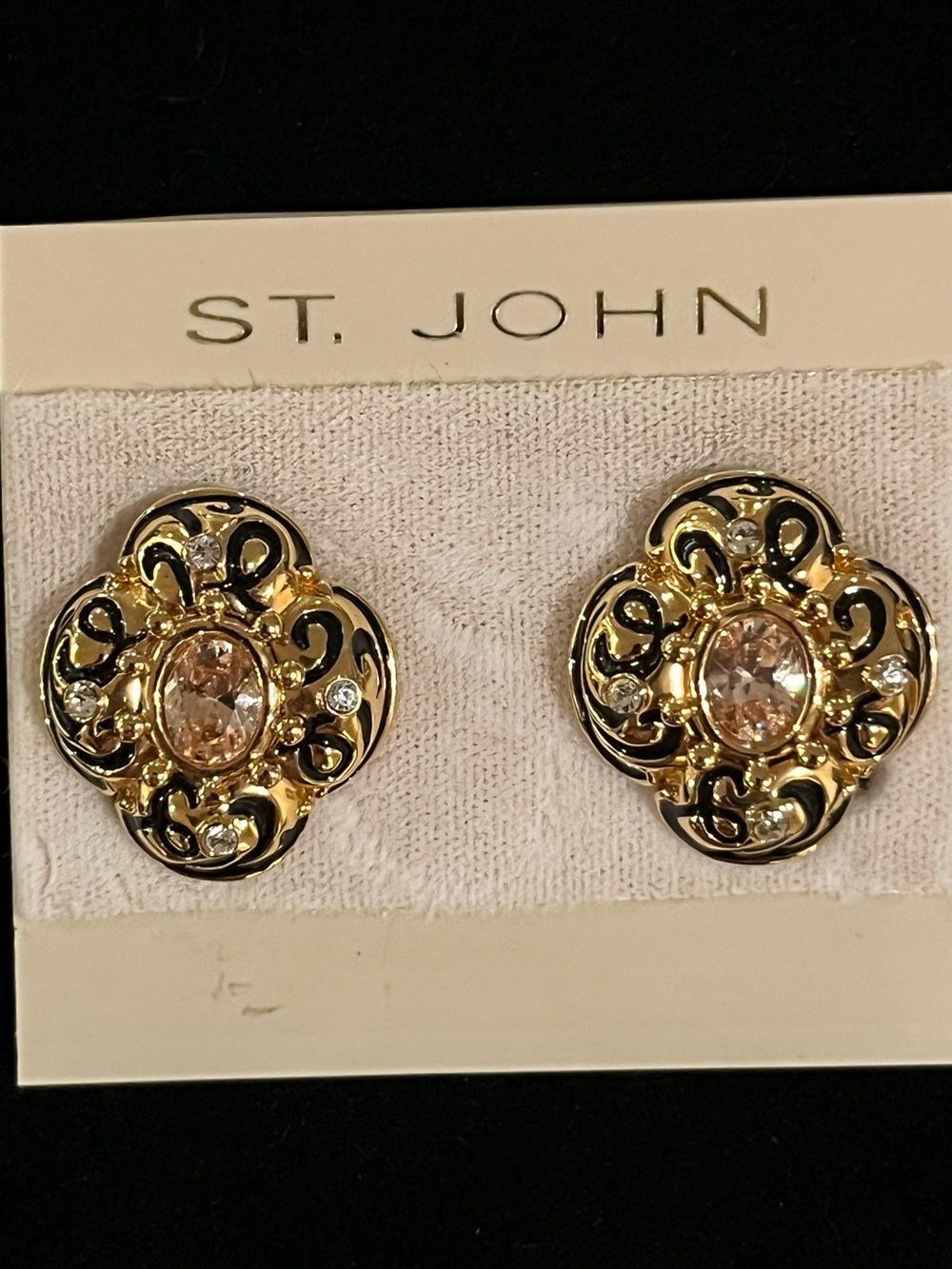 St. John Gold and Black Enamel Swirl Crystal Clip-On Earrings